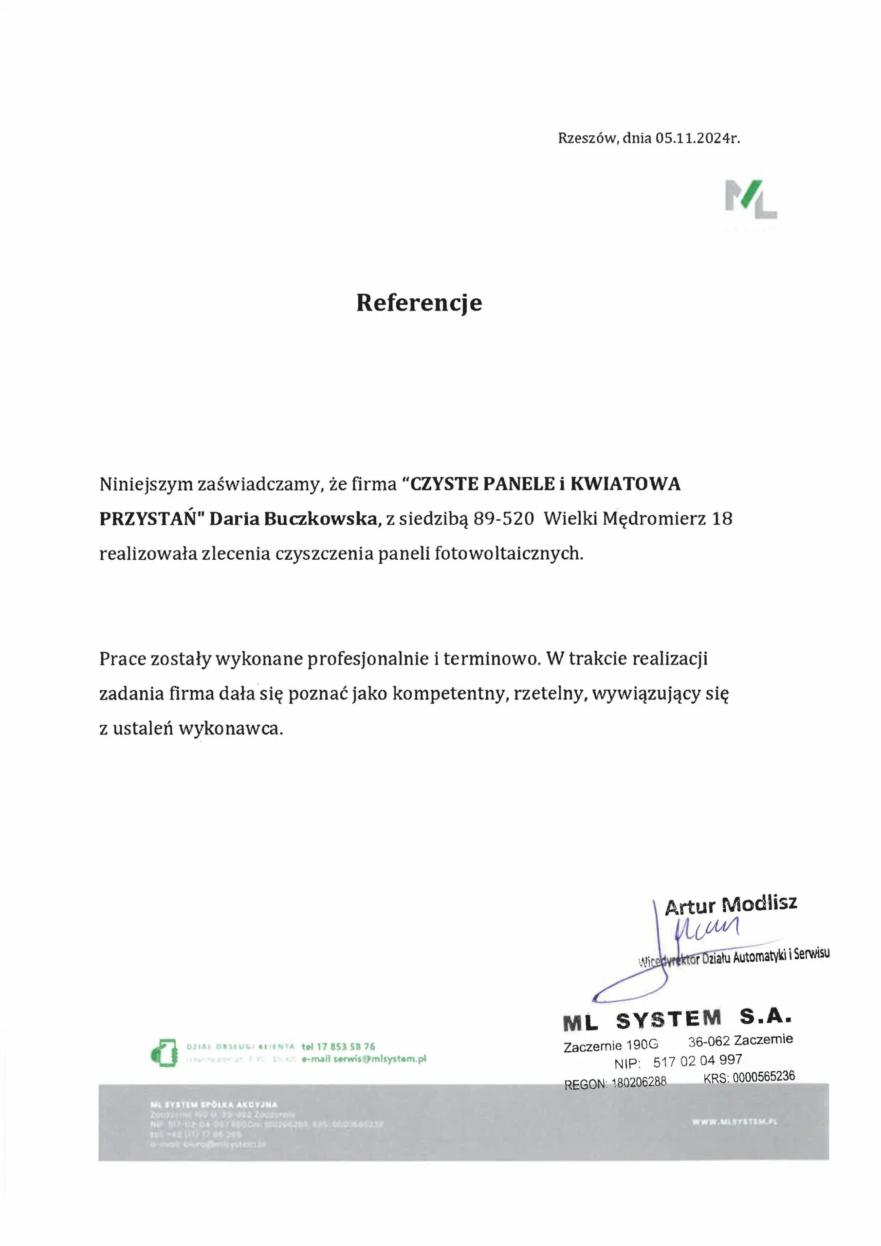 Referencja od MlSystem dla CzystePanele