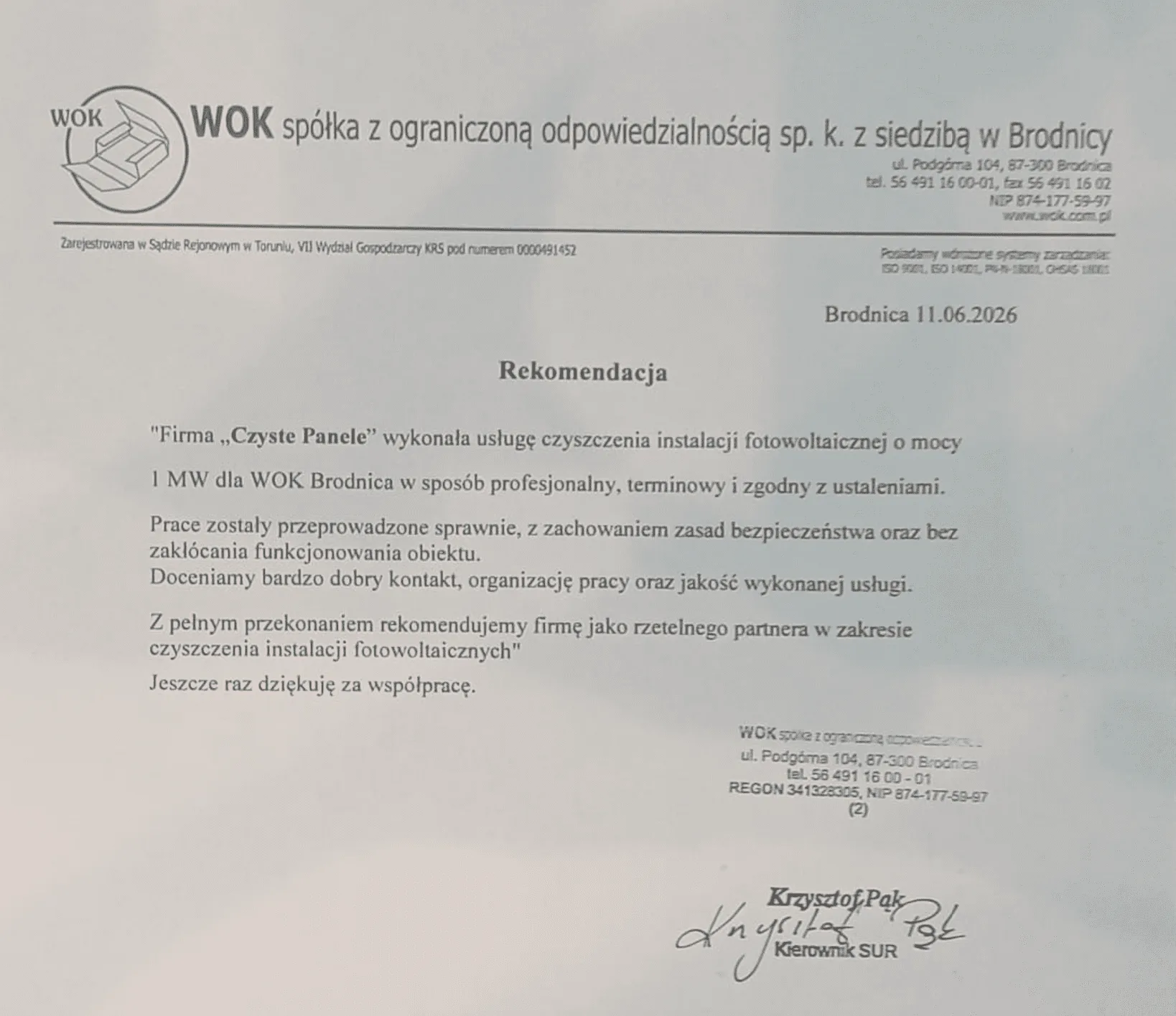 Referencja od WOK dla CzystePanele